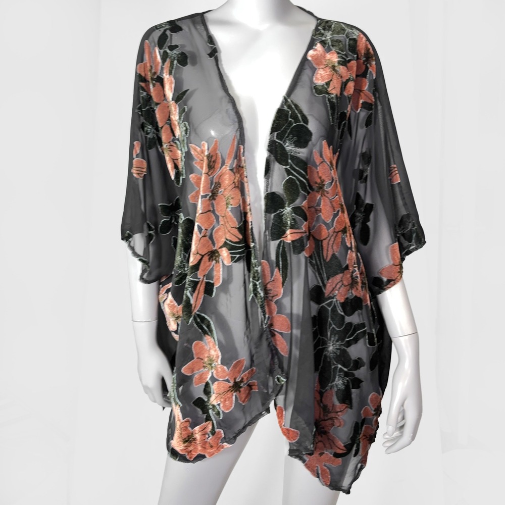 CEJON Black Velvet Burnout Floral Kimono Womens O/S Sheer Wrap Shawl Whimsigoth